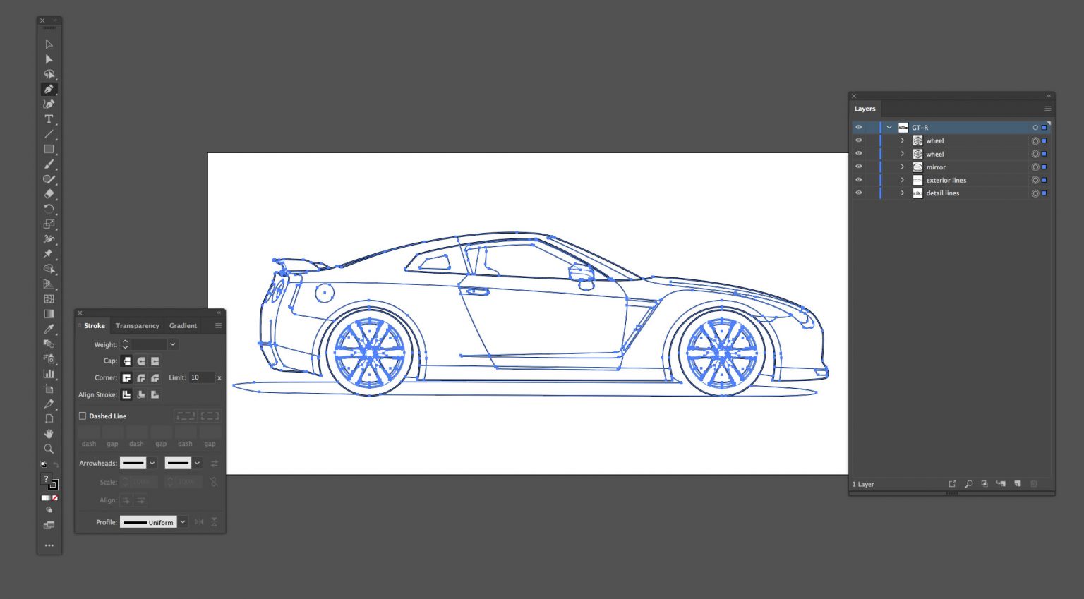 Side View Vector Line Drawing Of A Nissan Gt R Trashedgraphics