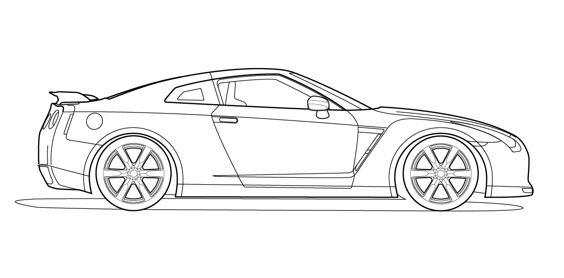 Side view vector line drawing of a Nissan GTR TrashedGraphics