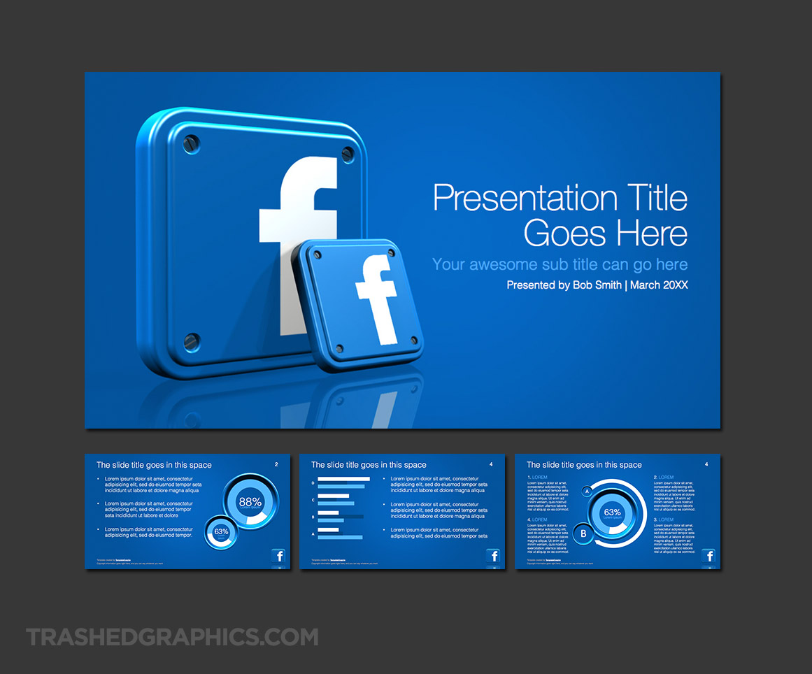 Widescreen PowerPoint template with 3d Facebook app icons TrashedGraphics